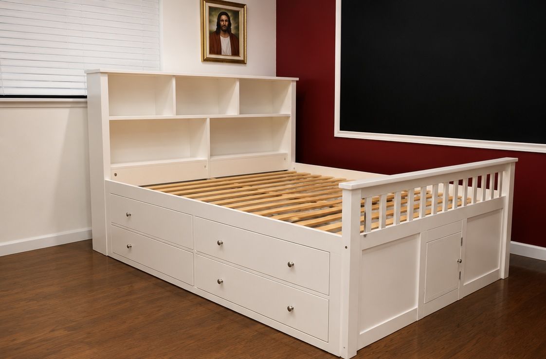 White Full-Size Wooden Bed with Built-In Bookshelf and Eight Storage Drawers