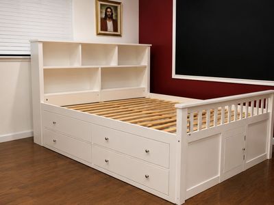 White Full-Size Wooden Bed with Built-In Bookshelf and Eight Storage Drawers