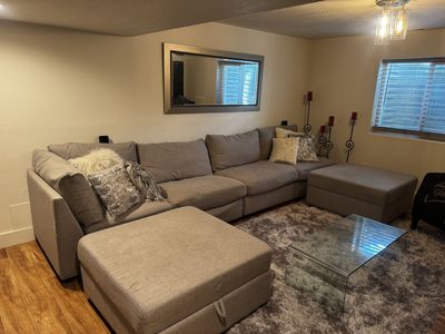 Large Gray Fabric Sectional Sofa with Storage Ottomans