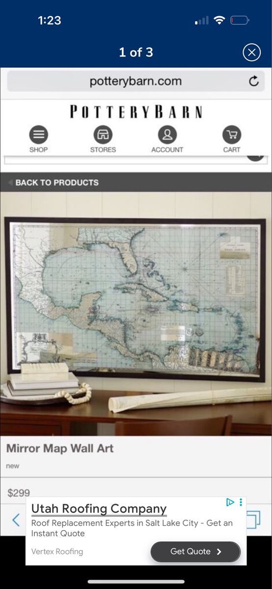 Pottery Barn Mirror Map Wall Art, Caribbean/Florida Vintage Style, Framed Decor
