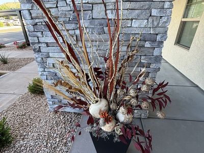 Large Fall/Autumn Themed Decorative Floral Arrangement with Pumpkins and Wheat in Black Pot