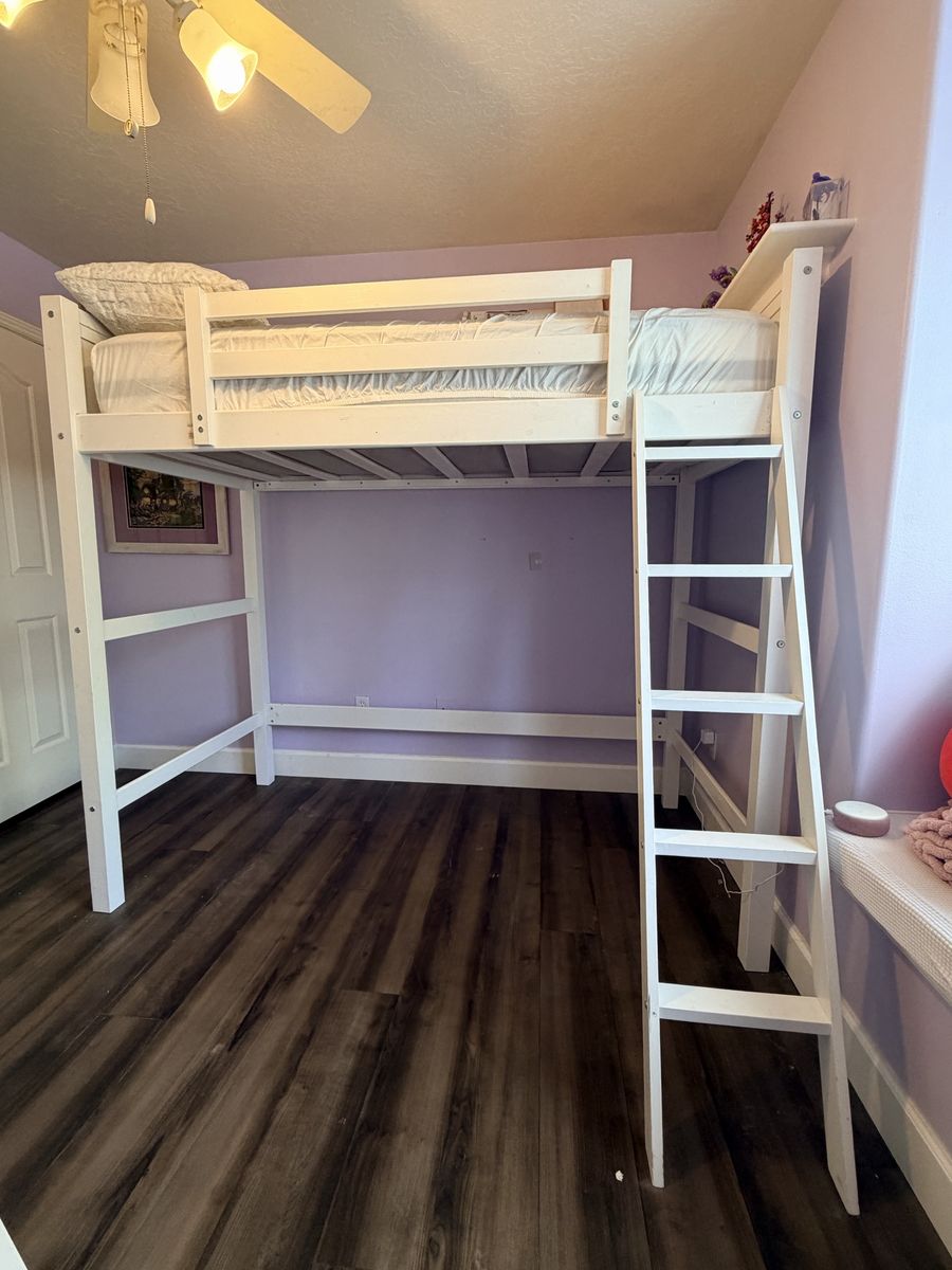 White Twin Loft Bed with Ladder - Space-Saving Design, Great Condition