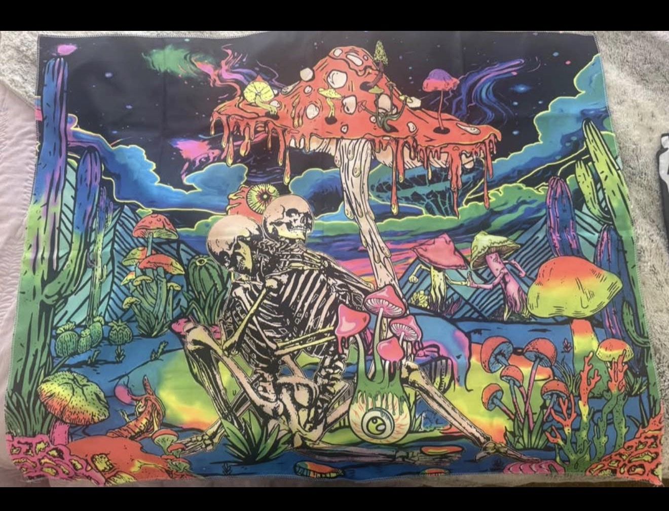 Vibrant Skeleton Mushroom Trippy Tapestry