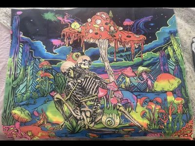 Vibrant Skeleton Mushroom Trippy Tapestry