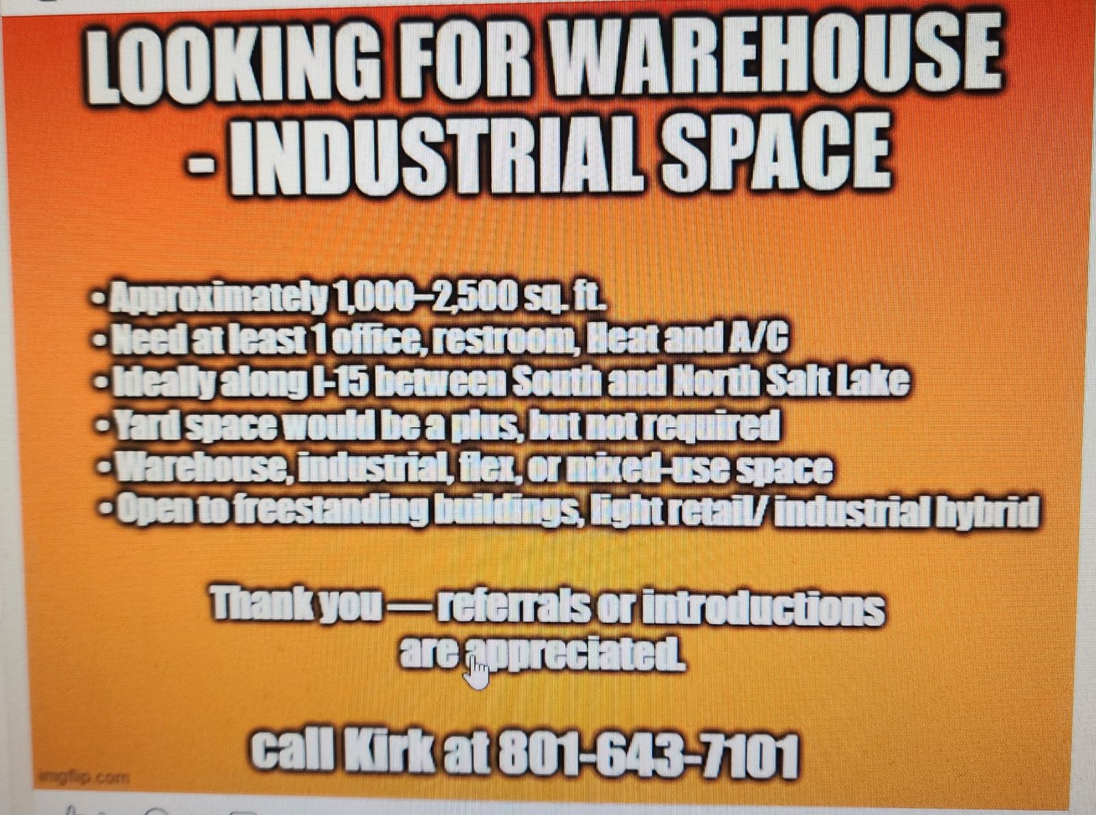 ISO Warehouse Space w/Office in SLC