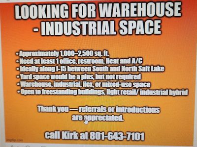 ISO Warehouse Space w/Office in SLC