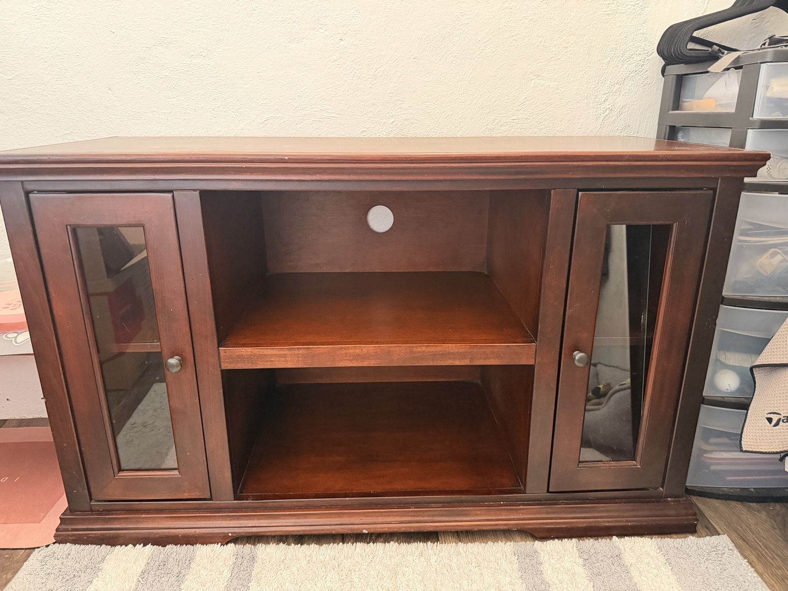 Dark Wood TV Stand with Glass Doors and Shelves - Media Console