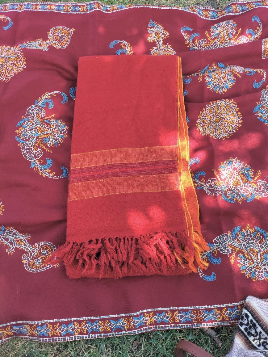 Red/Orange Embroidered Scarf with Fringe