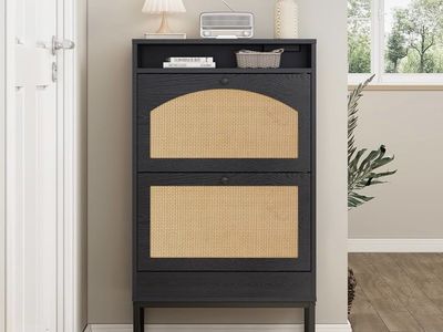 Shoe Cabinet, Slim Hidden Shoe Storage Cabinet with 2 Flip Drawers