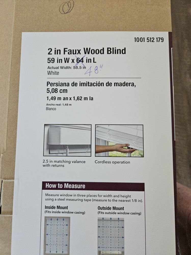 White 2" Faux Wood Blind 59"W x 48"L - Cordless Operation, 2.5" Valance, New