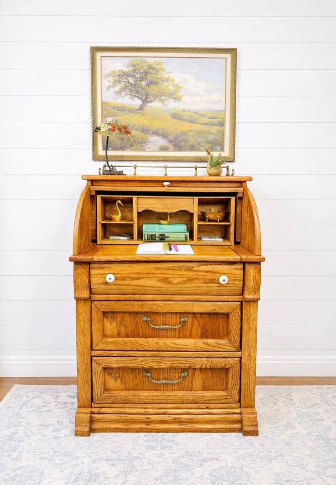 Vintage Pulaski Keepsakes Oak Petite Roll Top Desk Drawers | Vintage Roll Top Desk Dresser