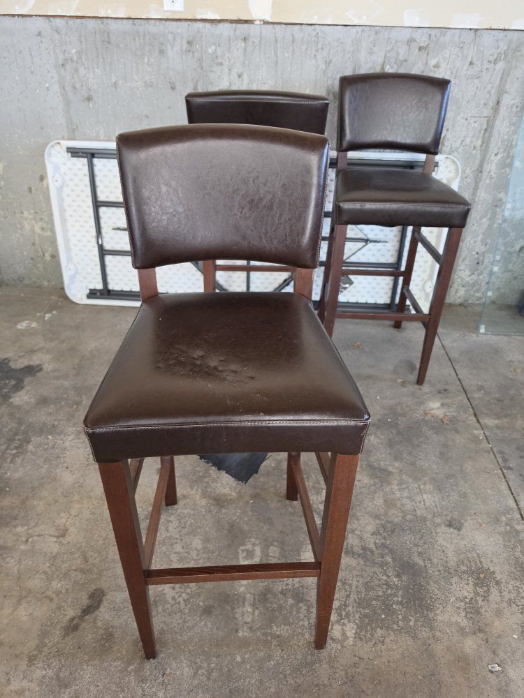 Set of Brown Faux Leather Bar Stools with Dark Wood Legs