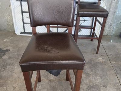 Set of Brown Faux Leather Bar Stools with Dark Wood Legs