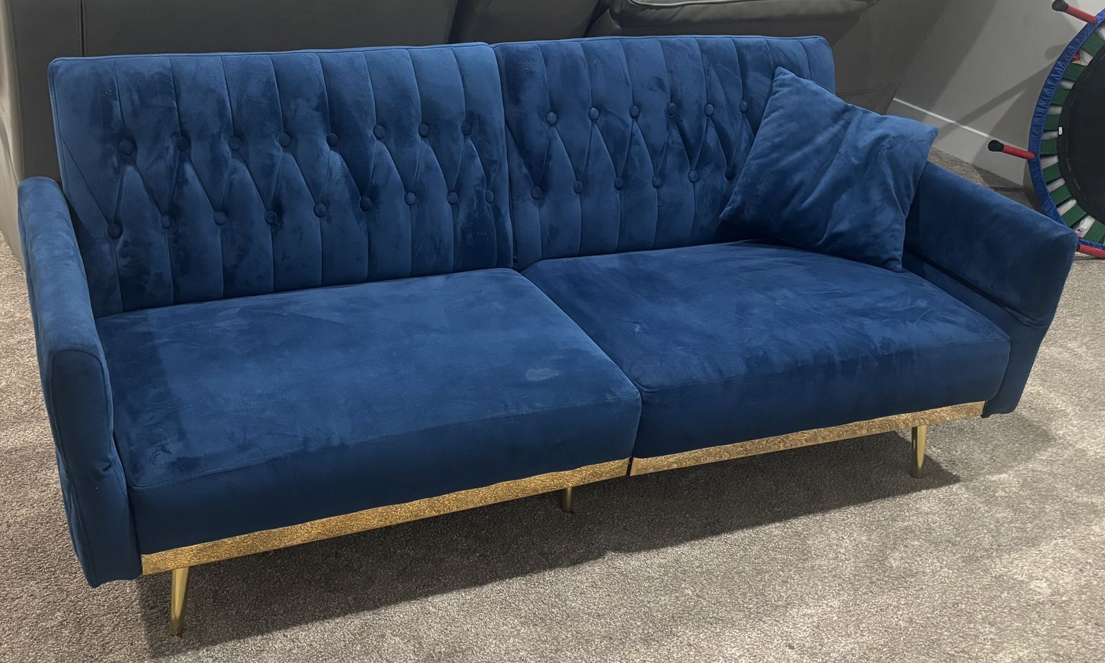 Blue Velvet Tufted Sofa Bed Futon with Gold Legs - Modern and Versatile Seating