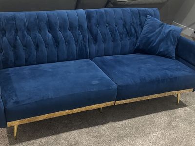 Blue Velvet Tufted Sofa Bed Futon with Gold Legs - Modern and Versatile Seating