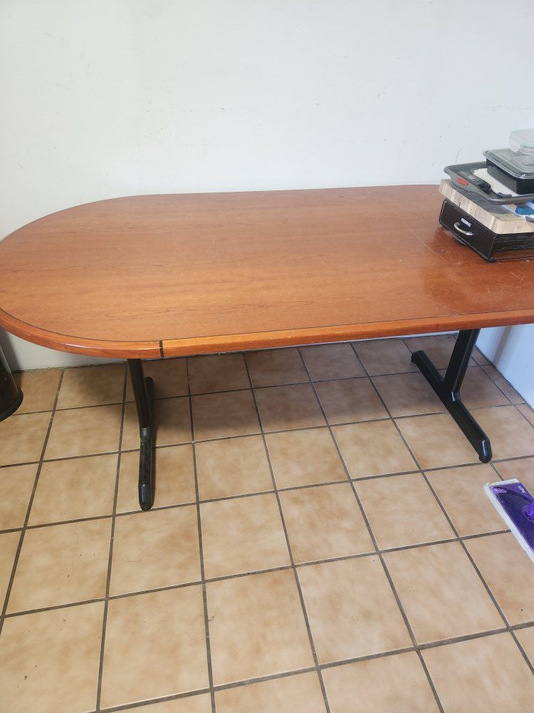 Oval Wood Top Dining Table with Black Metal T-Leg Base