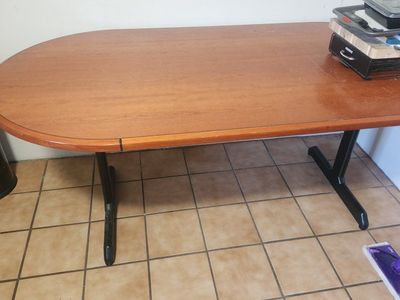 Oval Wood Top Dining Table with Black Metal T-Leg Base