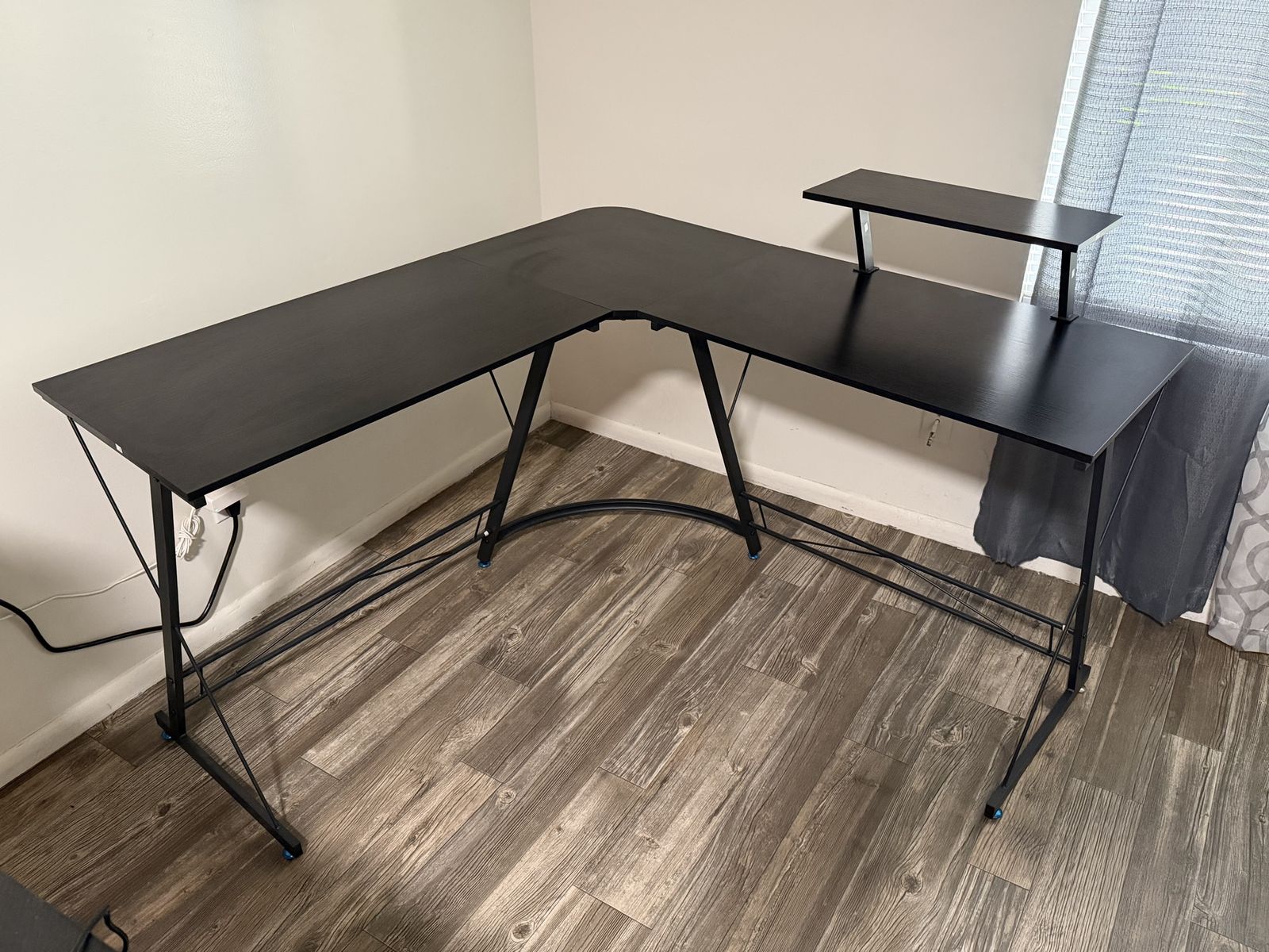 L-Shaped Black Corner Computer Desk with Monitor Stand - Space-Saving Design