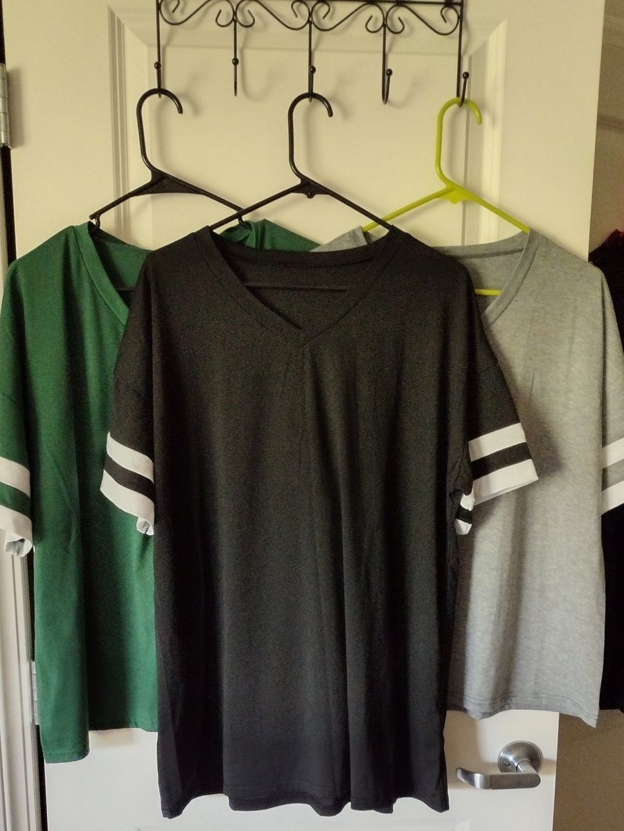 Women's V-Neck Loose Fit T-Shirts with Sleeve Stripes - Set of 3 (Green, Gray, Black) Black XL, Green XXL, Gray XL