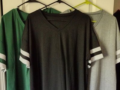 Women's V-Neck Loose Fit T-Shirts with Sleeve Stripes - Set of 3 (Green, Gray, Black) Black XL, Green XXL, Gray XL