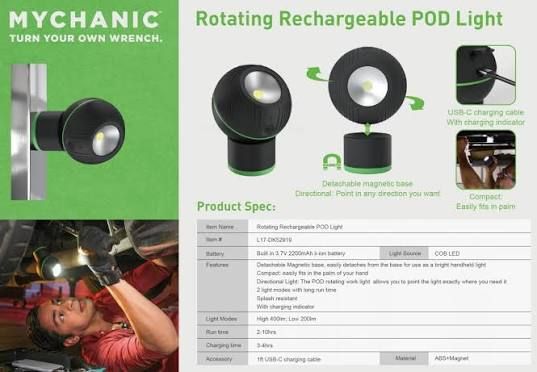 Mychanic Rotating Rechargeable POD Work Light with Magnetic Base