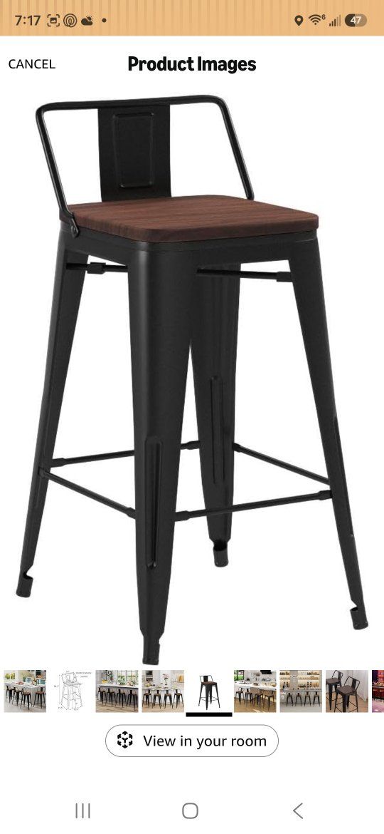 24" Matte Black Metal Bar Stool with Wood Seat & Back - 350lbs Capacity, Set of 2