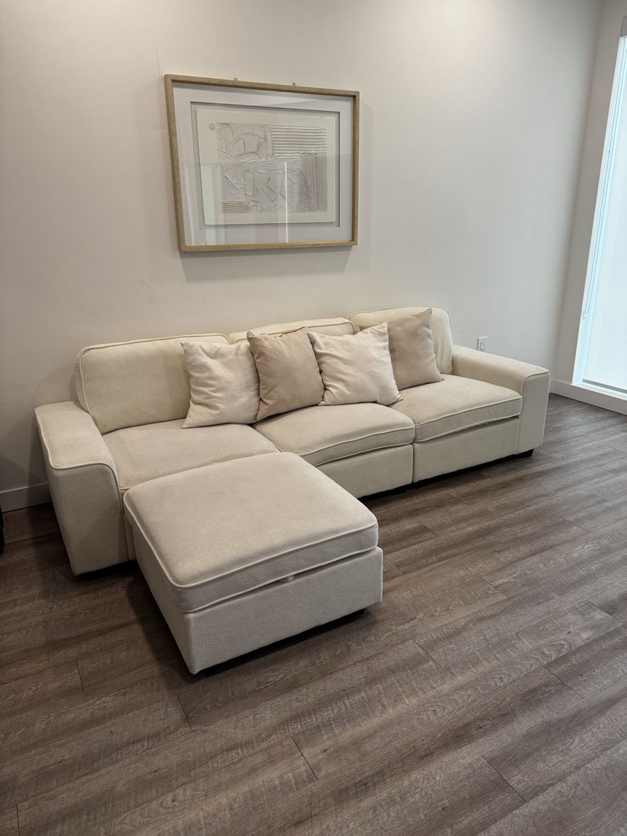 Cream Fabric Couch with Ottoman Storage Sectional Sofa