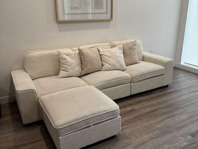 Cream Fabric Couch with Ottoman Storage Sectional Sofa