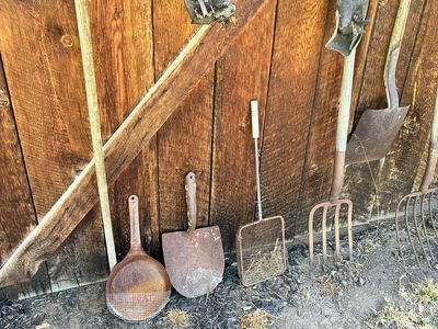 Vintage Antique Farm Tools Collection - Rakes, Shovels, Forks & Horse Collar