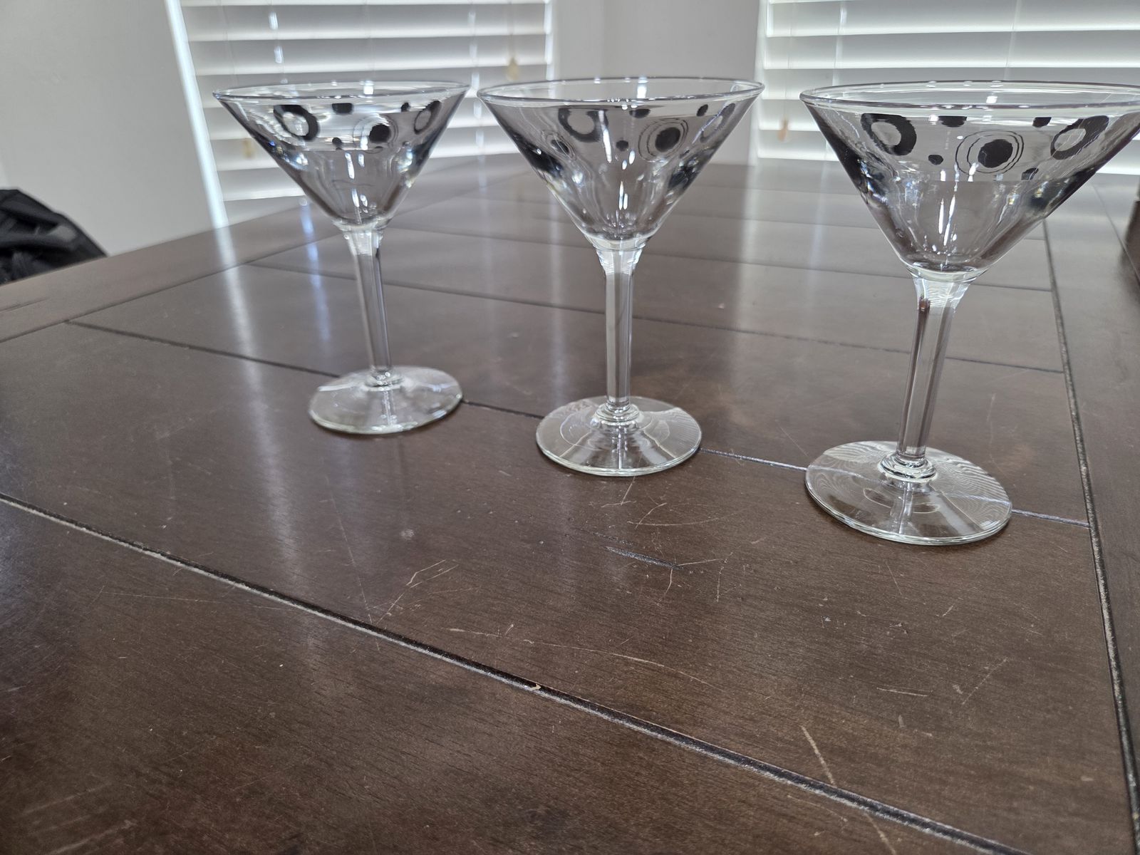 Set of 3 Martini Glasses, Clear with Black & White Polka Dot/Circles Design