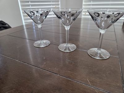 Set of 3 Martini Glasses, Clear with Black & White Polka Dot/Circles Design
