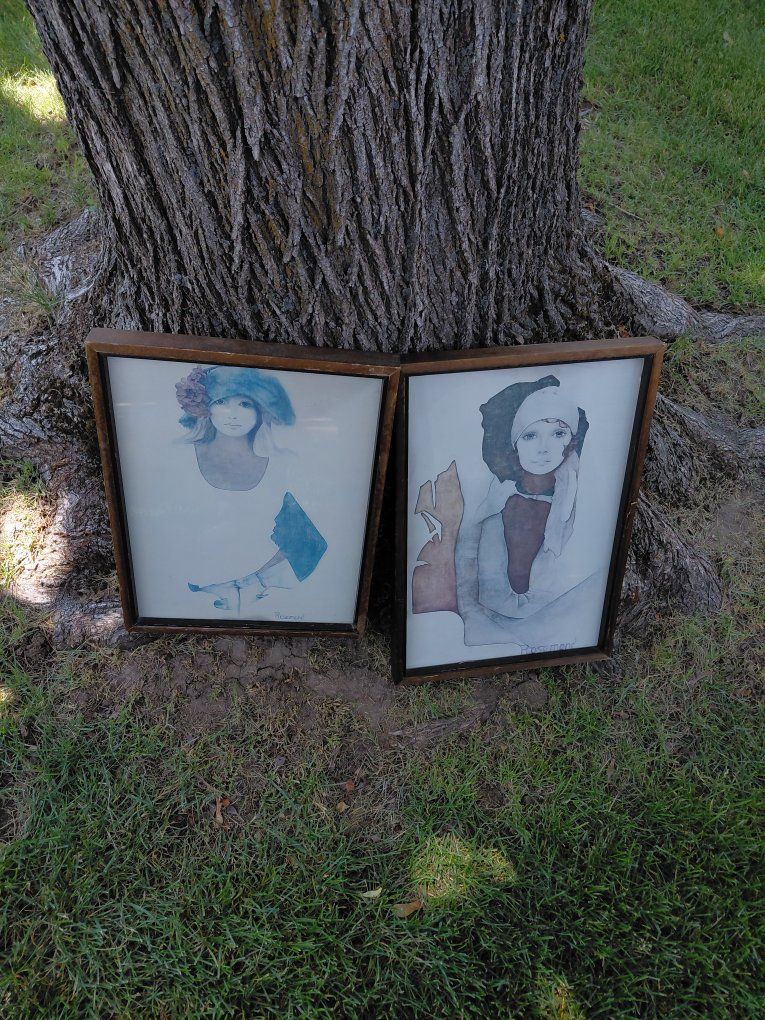 Vintage Rosamond Original Signed Art Prints - Set of 2 Framed Female Figures