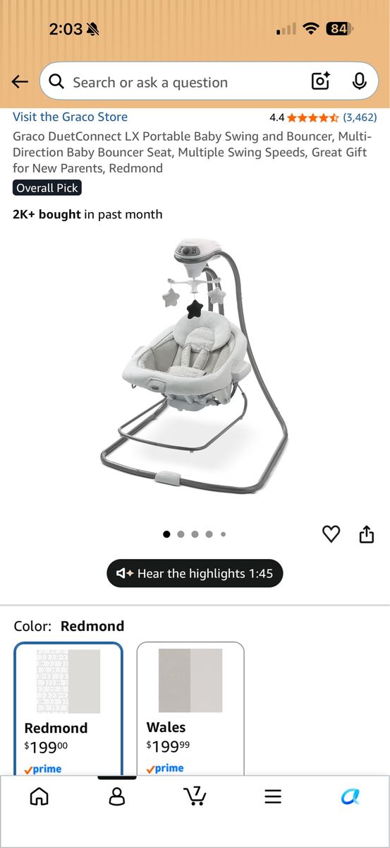 Graco DuetConnect LX Portable Baby Swing and Bouncer - Redmond Color