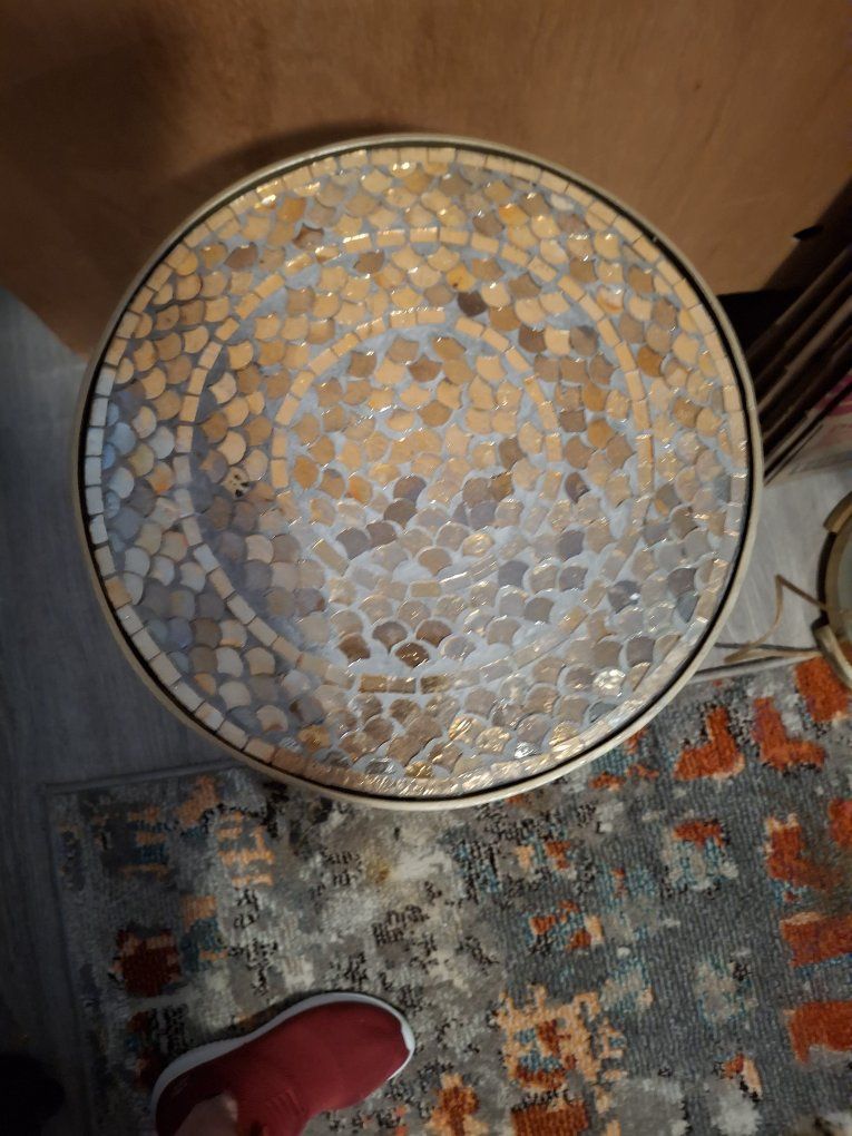 Mosaic Tile Top Round Accent Side Table with Gold Metal Frame