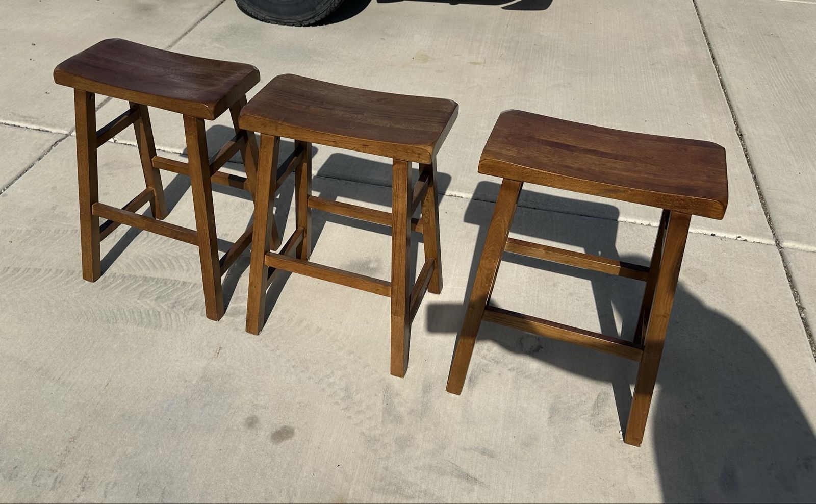 Set of 3 Wood Counter Height Bar Stools, Saddle Seat Design, Brown Finish