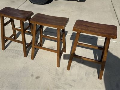 Set of 3 Wood Counter Height Bar Stools, Saddle Seat Design, Brown Finish