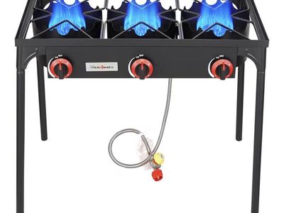 3 Burner High pressure Propane Stove, 28 Inch Tall Camping Stove with cast iron burner 105000 BTU power,