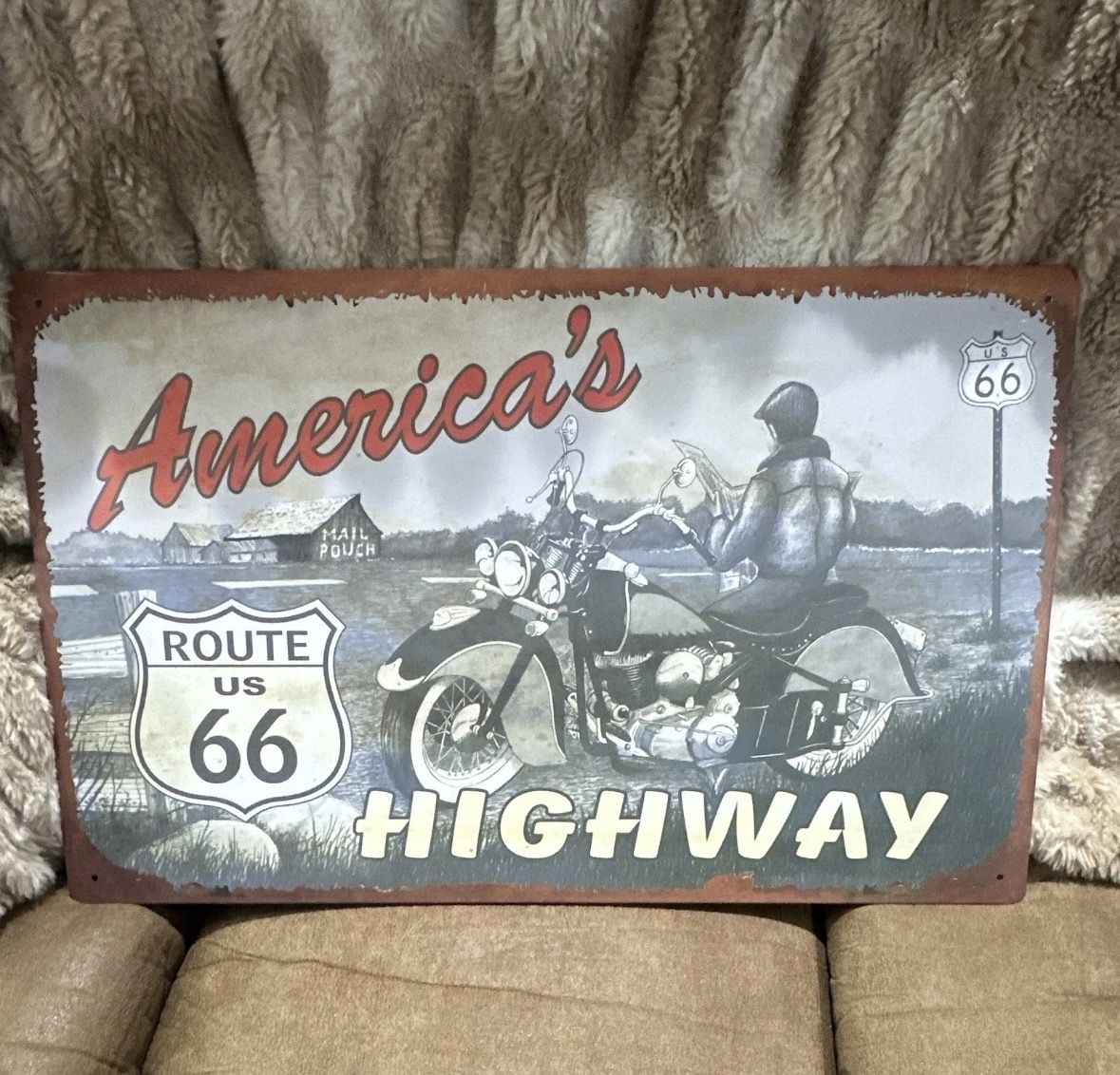 America's Highway Route 66 Metal Sign Motorcycle Barn Mail Pouch Retro Wall Decor