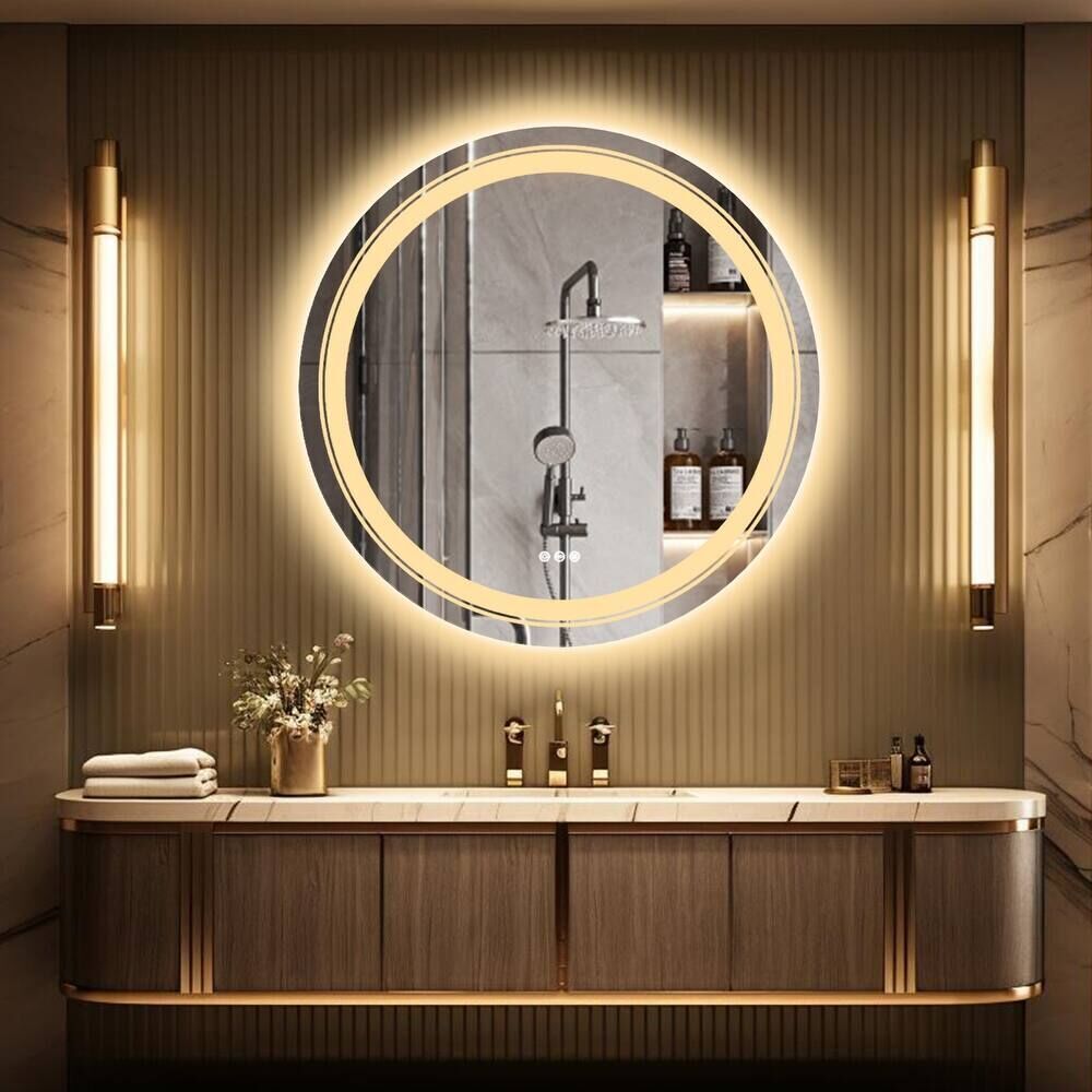 Round Frameless LED Light with 3-Color and Anti-Fog Wall Mounted Bathroom Vanity Mirror (H1)