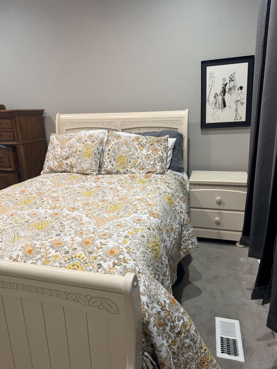 Four piece Ashley Off-White (full size) Sleigh Bed set with Carved Details with Matching dresser, chest, and Nightstand Set