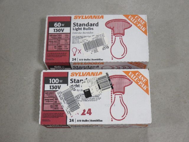 LOT OF TWO CASES OF 24 SYLVANIA STANDARD "REAL FILAMENT" LIGHT BULBS EACH - ONE CASE EACH OF 60 WATT AND 100 WATT BULBS