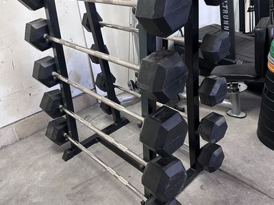 Hampton Fixed Dura-Barbells Straight 25-115 LB SET & Barbell Rack