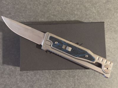 Reate EXO-M Titanium Gravity Knife - Elmax - Blue Topo Inlay