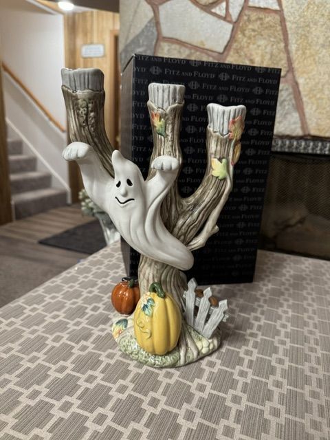 Fitz and Floyd Halloween Harvest Ghost Candelabra w/Box (2 sided display)