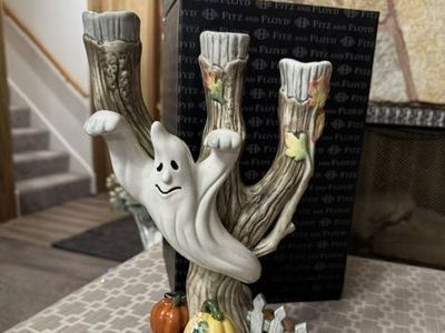 Fitz and Floyd Halloween Harvest Ghost Candelabra w/Box (2 sided display)