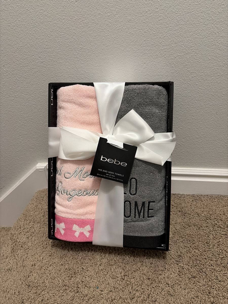 Bebe His and Hers Towels - Set of 2, Pink & Gray, Embroidered Cotton Bath Towels