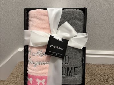 Bebe His and Hers Towels - Set of 2, Pink & Gray, Embroidered Cotton Bath Towels