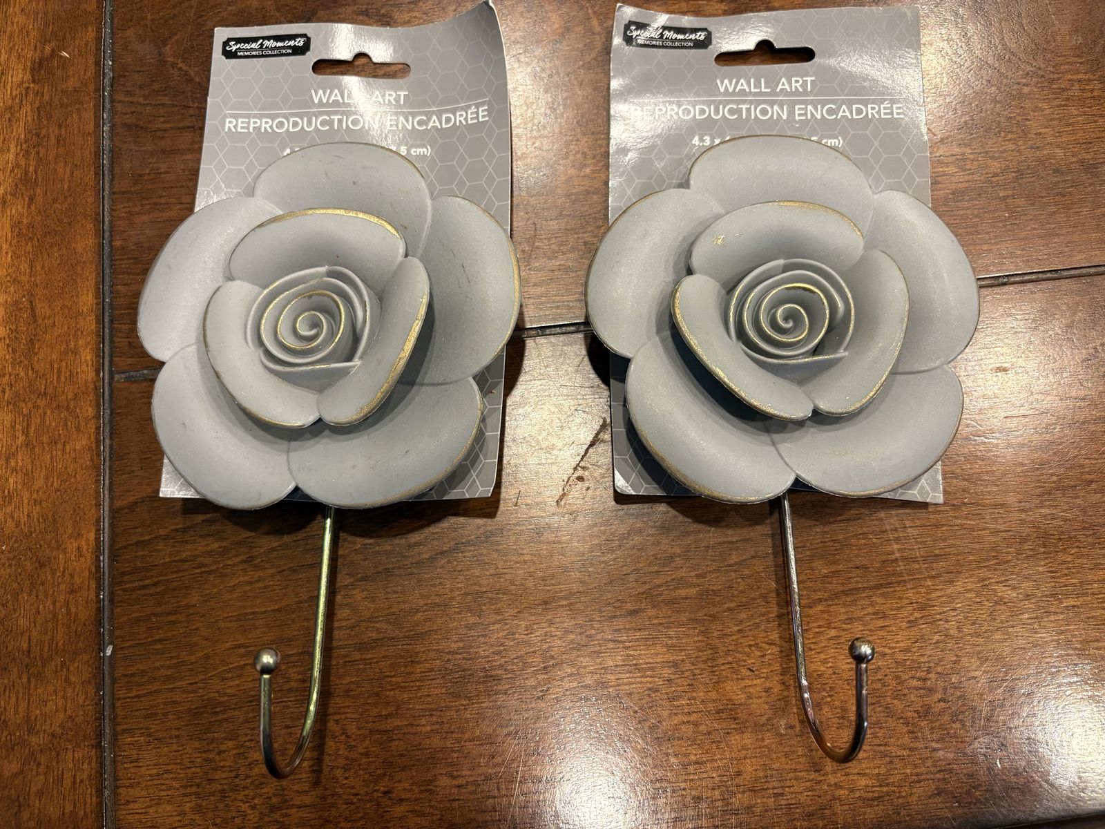 2 New Gray Flower Wall Hooks W/ Gold Edges