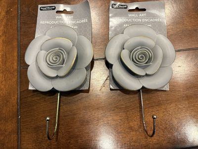 2 New Gray Flower Wall Hooks W/ Gold Edges