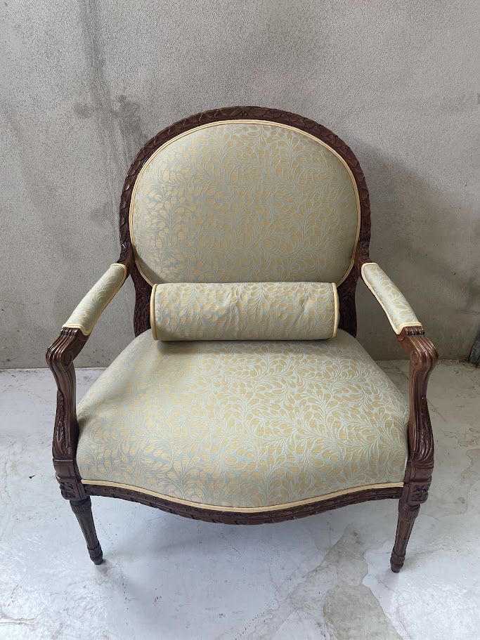 Pair of Vintage French Louis XVI Style Medallion Armchairs – Yellow Damask